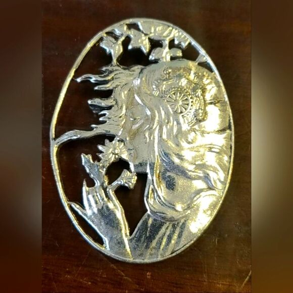 Art Nouveau style oval brooch Polished pewter silvercolor Woman flowers 2"×1 1/2 - Picture 1 of 3